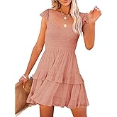 Fessceruna Womens Summer Ruffle Dresses Elastic Empire Waist A-line Layered Swing Flowy Mini Dress