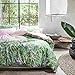 Wake In Cloud - Botanical Duvet Cover Set, Sateen Cotton Bedding, Tropical Green Plant Tree Leaves Pattern Printed, Pink on Reverse, Zipper Closure (3pcs, Queen Size)