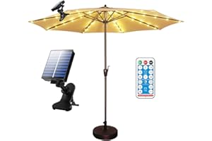 PORTPLUGS Solar Patio Umbrella Lights Cordless Parasol String Lights With Clip Umbrella Pole Light Solar Powered Waterproof for 7-10 foot Umbrella Outdoor Beach Deck Garden Party Decoration