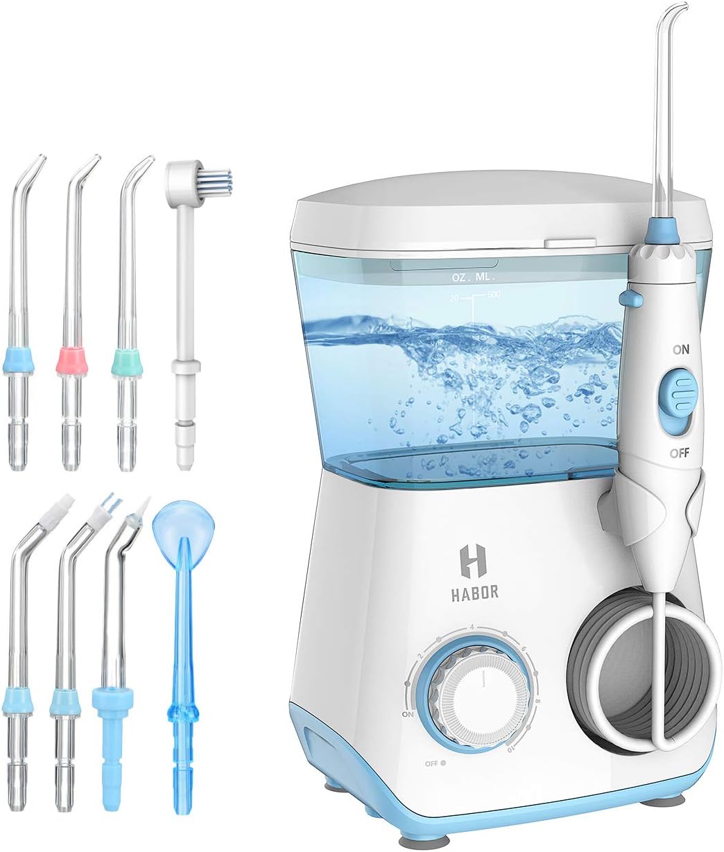 Habor Water Flosser, 600mL 8 Jet Tips FDA Oral Irrigator, 70db Quiet 10 Pressure Electric Dental Flosser, Gum Flosser for Teeth and Braces (1700 Pulses,Home Use) White