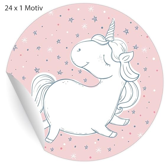 24 zauberhafte Einhorn Aufkleber für Mädchen mit Sternen, rosa, MATTE universal Papieraufkleber auch für Geschenke, Etiketten