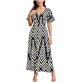 Dynvernal Casual Long Dresses for Women 2025 Flowy Smocked V Neck Half Sleeve A Line Maxi Dresss
