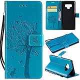Galaxy Note 9 Case,Samsung Note 9 Wallet Case,Galaxy Note 9 Flip Case PU Leather Emboss Tree Cat Flowers Folio Magnetic Kickstand Cover with Card Slots for Samsung Galaxy Note 9 Blue
