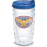 Tervis DC Comics Wonder Woman Emblem Made in USA Double Walled Insulated Tumbler Travel Cup Keeps Drinks Cold & Hot, 10oz Wavy, Blue Lid