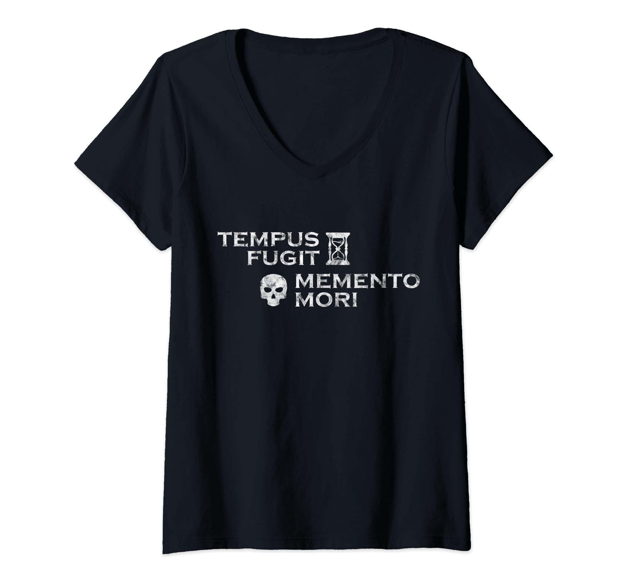 Womens Latin Phrase - Tempus Fugit Memento Mori V-Neck T-Shirt