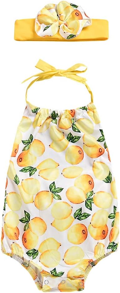 Baby Girls Romper Yellow Lemon Onesie + Headband Summer Outfit Playwear for Baby Girls