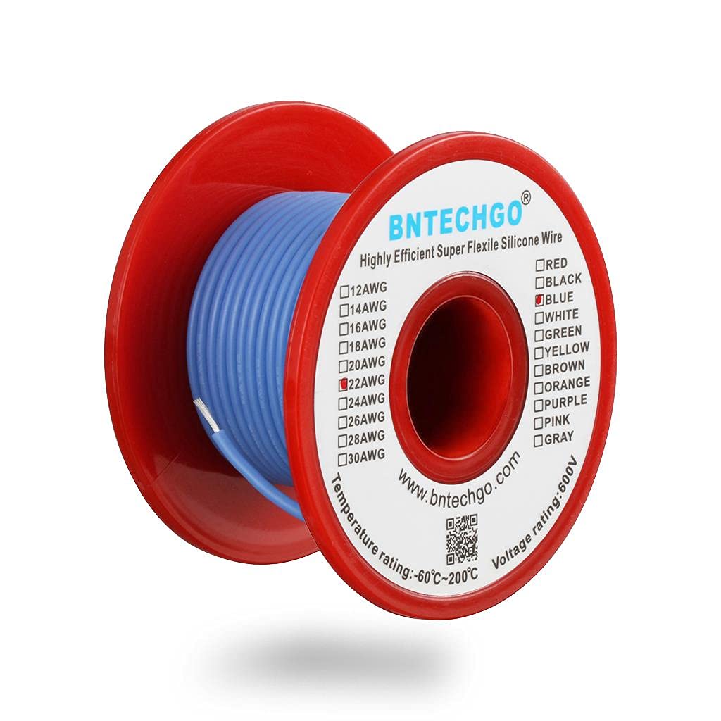 BNTECHGO 22 Gauge Silicone Wire Spool Blue 50 ft Ultra Flexible High Temp 200 deg C 600V 22 AWG Silicone Rubber Wire 60 Strands of Tinned Copper Wire Stranded Wire for Model Low Impedance