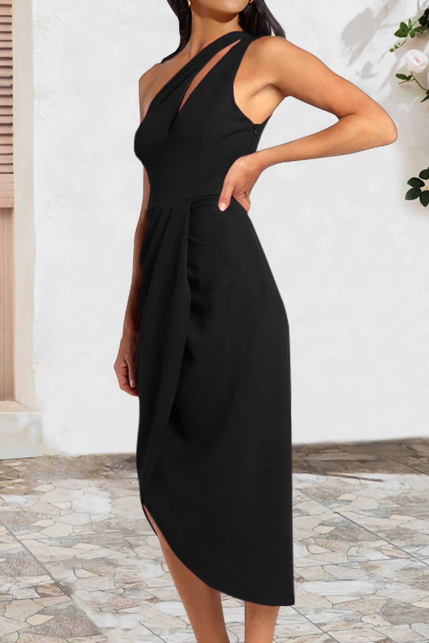 Women's One Shoulder Ruched Bodycon Dress 2024 Summer Cutout Slit Wrap Party Cocktail Midi Dresses