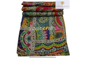 YUVANCRAFTS Patchwork Cotton Kantha Quilt - Indian Traditional Handmade Bedding Vintage Multi Color Quilt Blanket (Queen (90"x108"), Multi Patch 1)