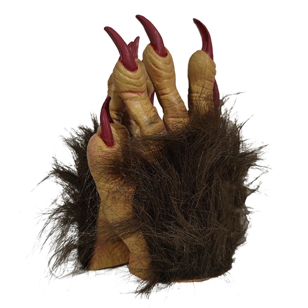 OhMill Adults Funny Halloween Ape Claws Animal Paws Gloves Cosplay Costume Props Furry Papion Gorilla Handwear for Halloween Cosplay Party, Red Nails