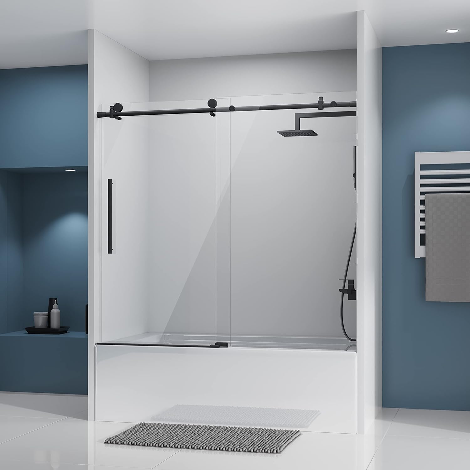 View 1 of **DIRT**OGONBRICK Shower Door 60" W x 60" H Frameless Glass Shower Matte Black