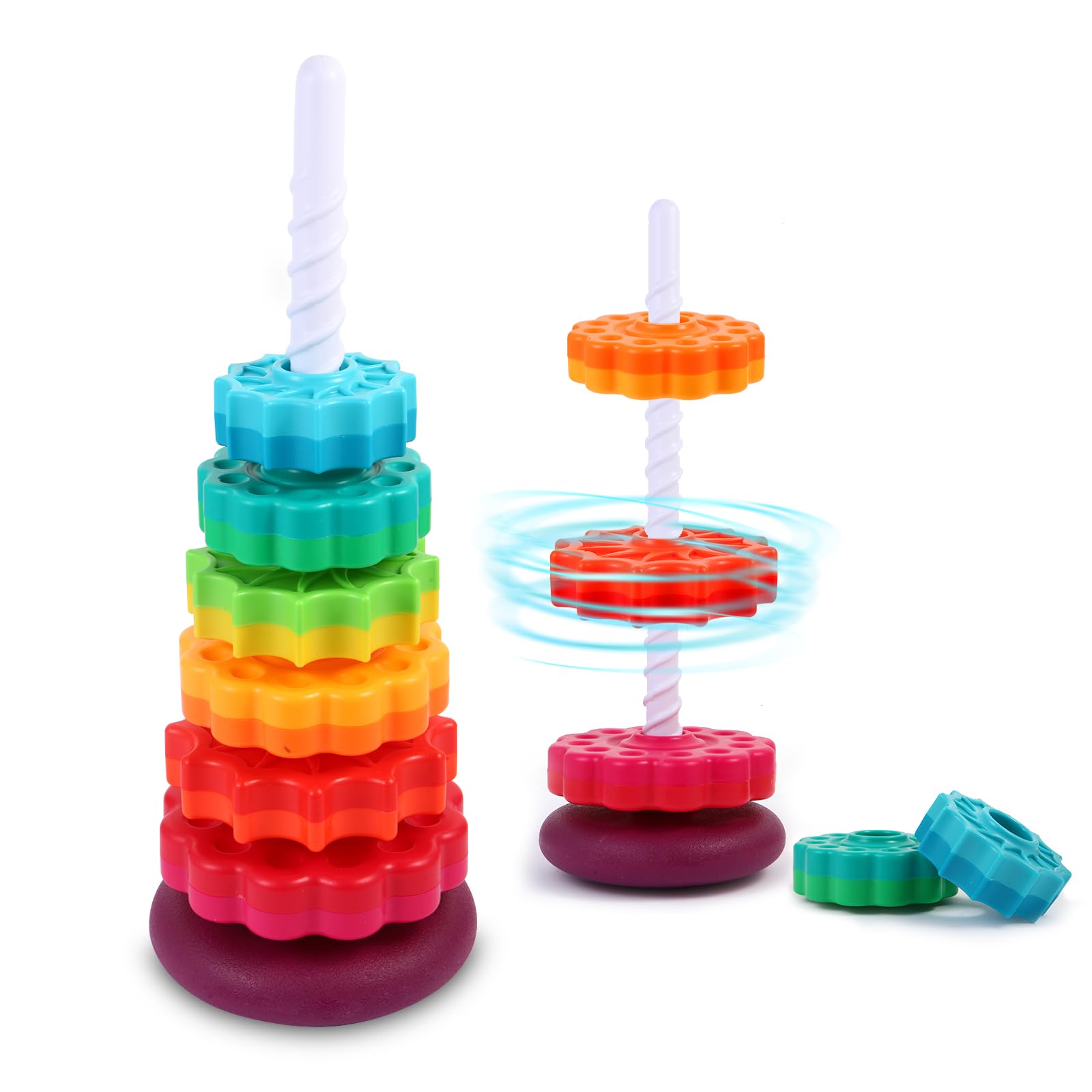 LMTNNB Spinning Stacking Toys - Rainbow Tower, Kids Stackable Spinning Toy, Educational Toy for Toddlers 1-3, Strong ABS Plastic, Color & Shape Recognition, Builds Sensory & Motor Skills (6 Pcs)