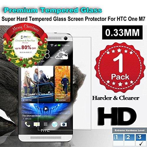 HTC M7 Premium Tempered Glass Screen Protector (1 Pack) Super Hard 0.33mm By Jimkev 2.5d-Extreme Hard Series (HTC M7)