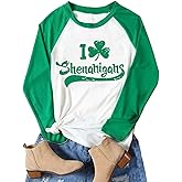 Women St. Patrick's Day Long Sleeve Raglan T-Shirt I Love Shenanigans Shamrock Graphic Splicing Tees Shirt Tops