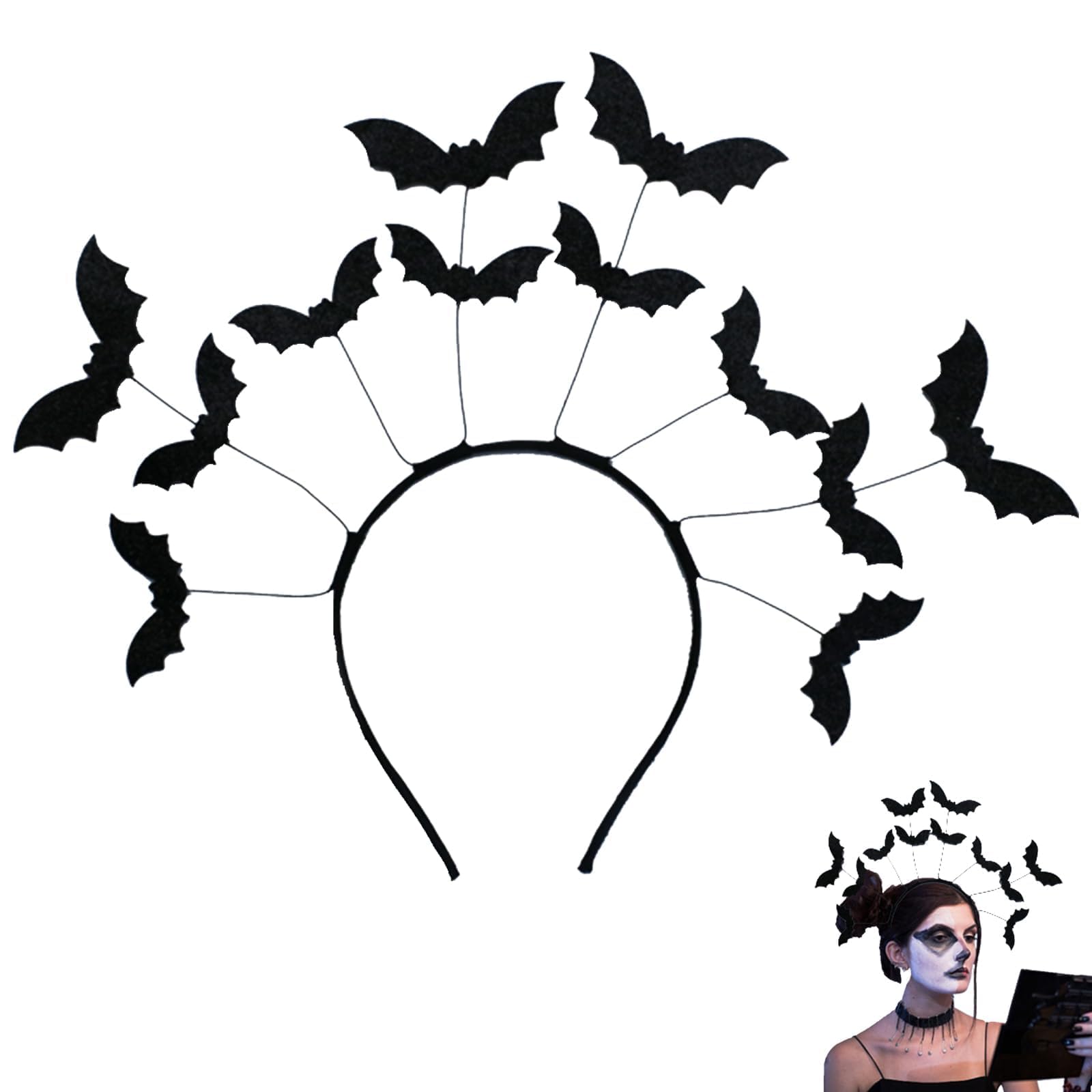 Photo 1 of SHEHARUHI 1 Pcs Bat Headband with 12 Glitter Bats, Adjustable Halloween Hair Accessories for Costume Parties & Cosplay Unisex Elastic Headband