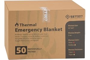 SET007 50 Pack Emergency Mylar Thermal Blankets - 82"x62" Waterproof Heat Reflective Blankets, Bulk Rescue Blanket for Survival, Camping, Marathons, Bug Out Bag, First Aid, Silver