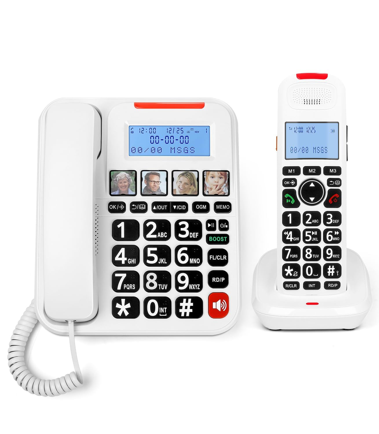 Photo 1 of Sangyn Corded Cordless Home Phone with Answering Machine, Audio Booster(+30db), 100dB Loud Visual Ringer, Intercom, Large Backlit Display and Big Buttons for Home Telephone System, White