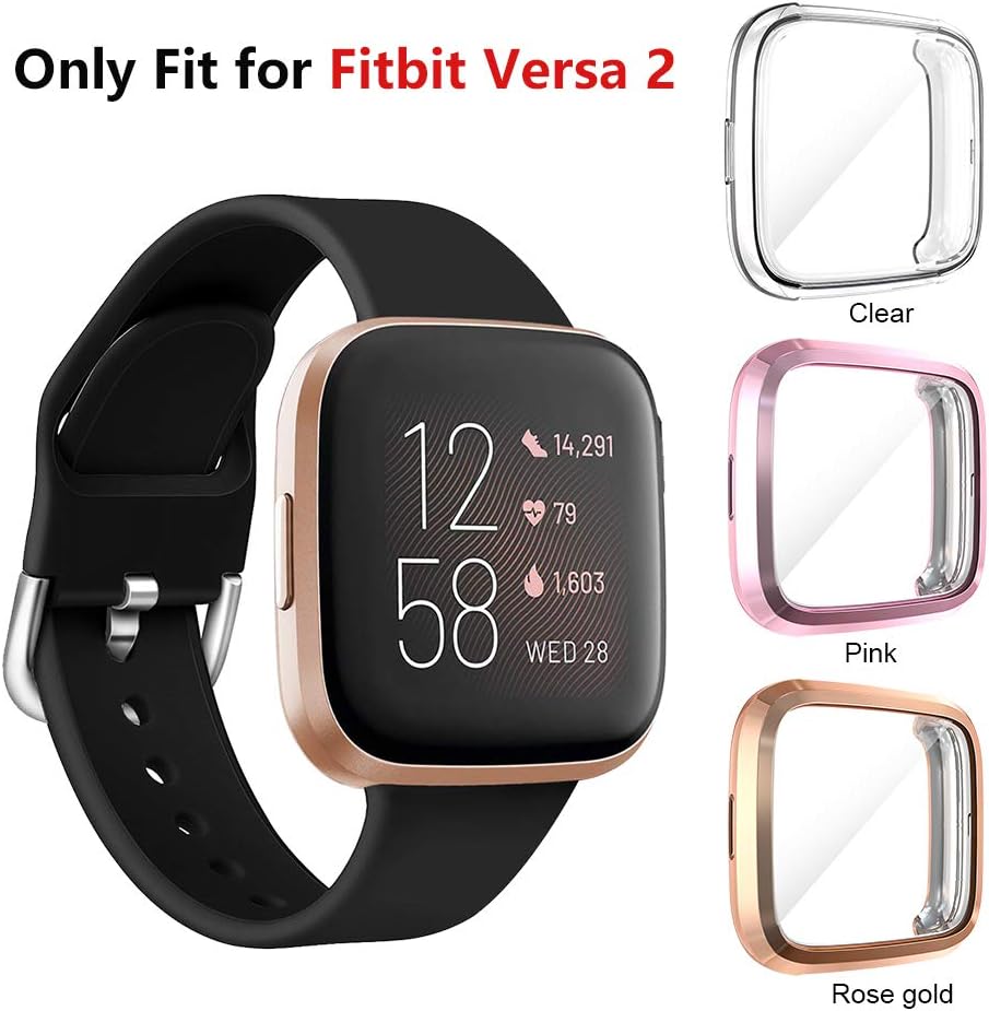 Seltureone (3 Pack) Compatible for Fitbit Versa 2 Screen Protector Case, Full Body Cover Scratch Resistant Shock Absorbing Ultra Slim Protective for Fitbit Versa 2 Cases (Clear,Rose Gold,Pink)