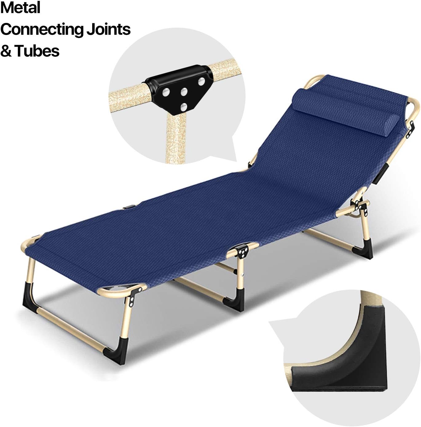 Flexzion Patio Chaise Lounge Chair, Reclining Folding Cot (Dark Blue) Portable Sun Lounger Bed Recliner Relaxer for Outdoor Indoor Yard Pool Beach Camping Sleep Garden with Removable Pillow Headrest: Kitchen & Dining
