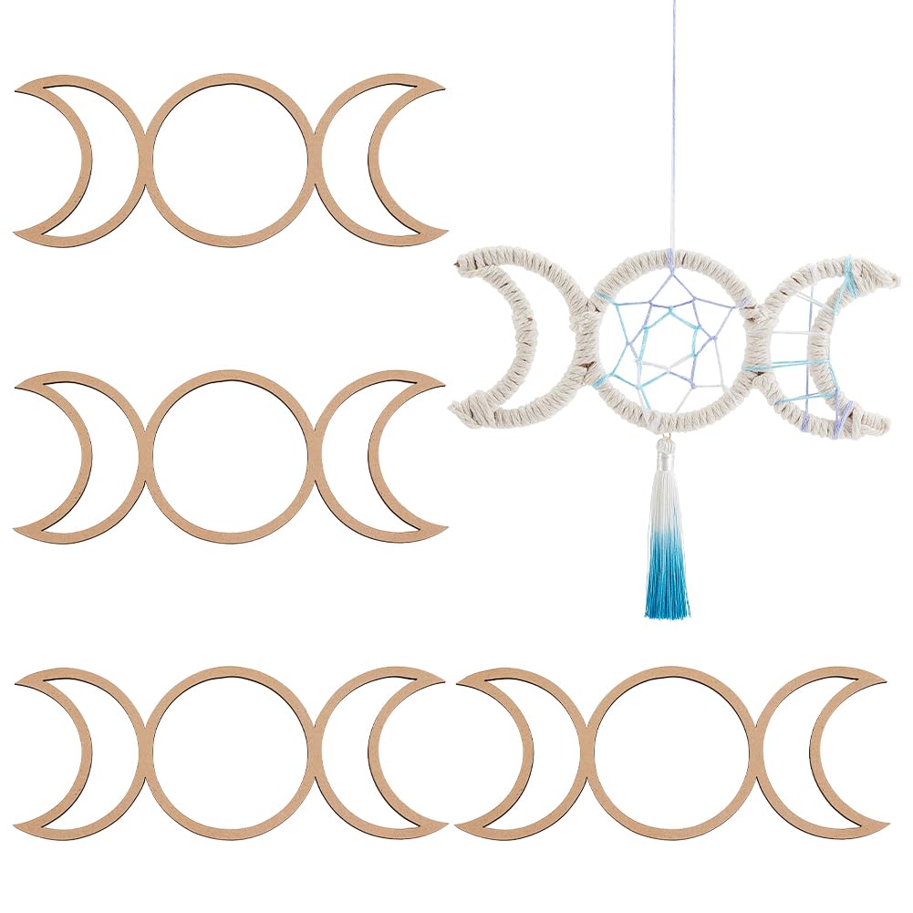 OLYCRAFT 4pcs Wood Macrame Hoops - Triple Moon Shape Frames - Natural Wooden Frames for Dream Catcher Making & DIY Crafts Wall Decoration - 20x8cm