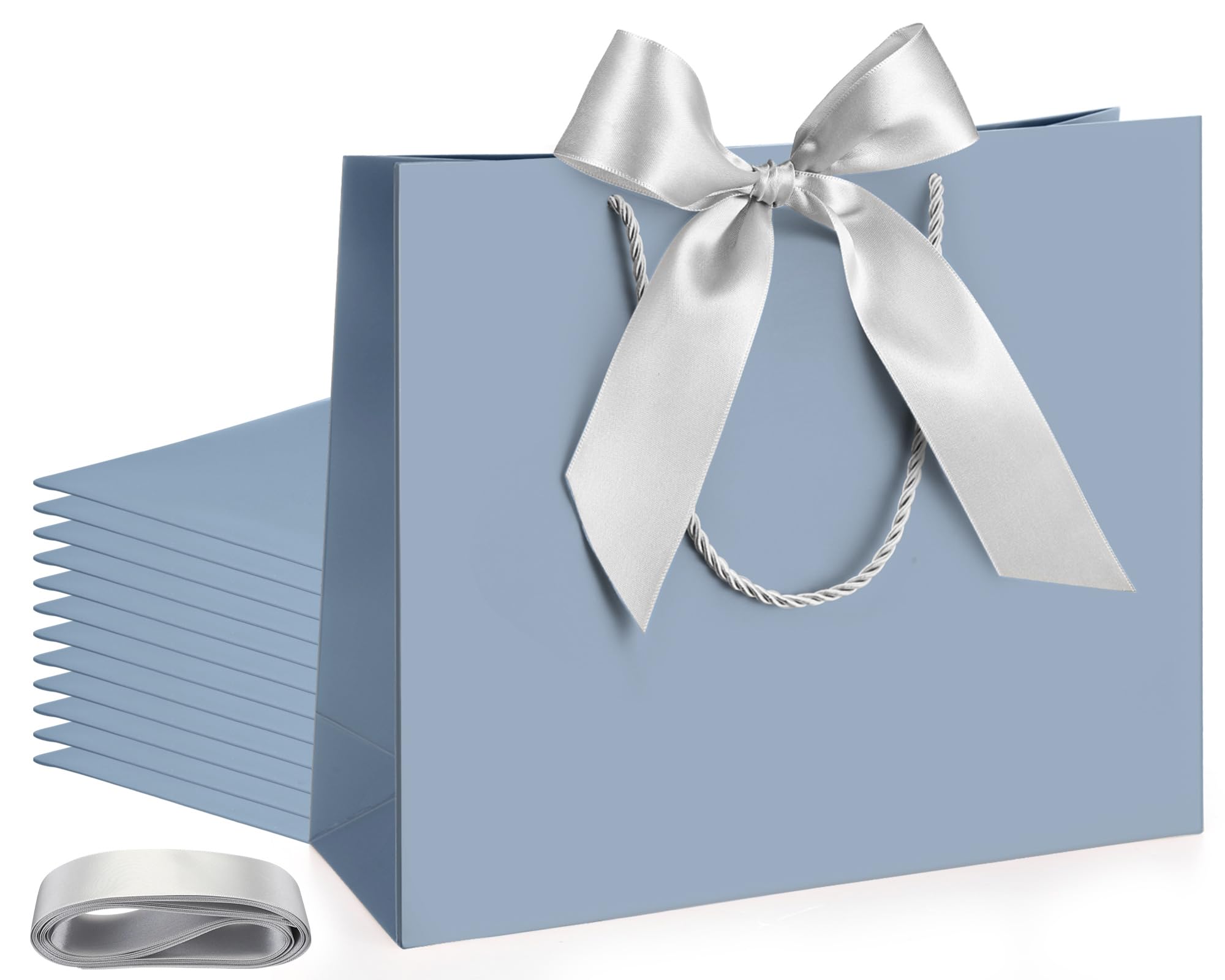 Photo 1 of ***DAMAGED - SEE NOTES/PICTURES*** Silkfly Thank You Gift Bags with Handle 12x10x4'' Welcome Return Gifts Bag with Bow Ribbon for Wedding Bridesmaid Baby Shower Birthday Housewarming Employee Appreciation Day(Dusty Blue,12 Pcs)