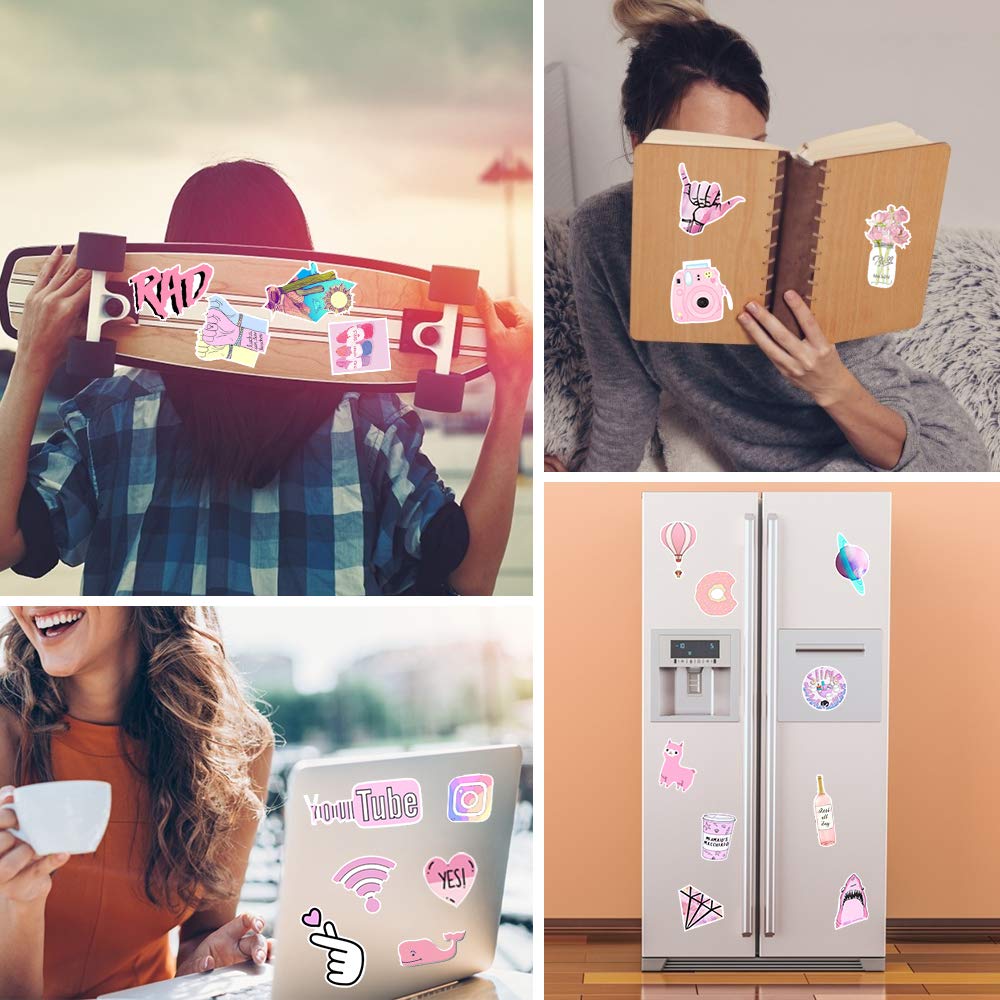 Girls Stickers for Water Bottles, 53 Pack Pink Hydro Flask Stickers Cute Trendy Laptop Stickers Waterproof Cellphone Skateboard Luggage Stickers for Teen Kids