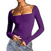 Dwnval Long Sleeve Shirts for Women - Basic Slim Fit Double Lined Square Neck Crop T Shirt