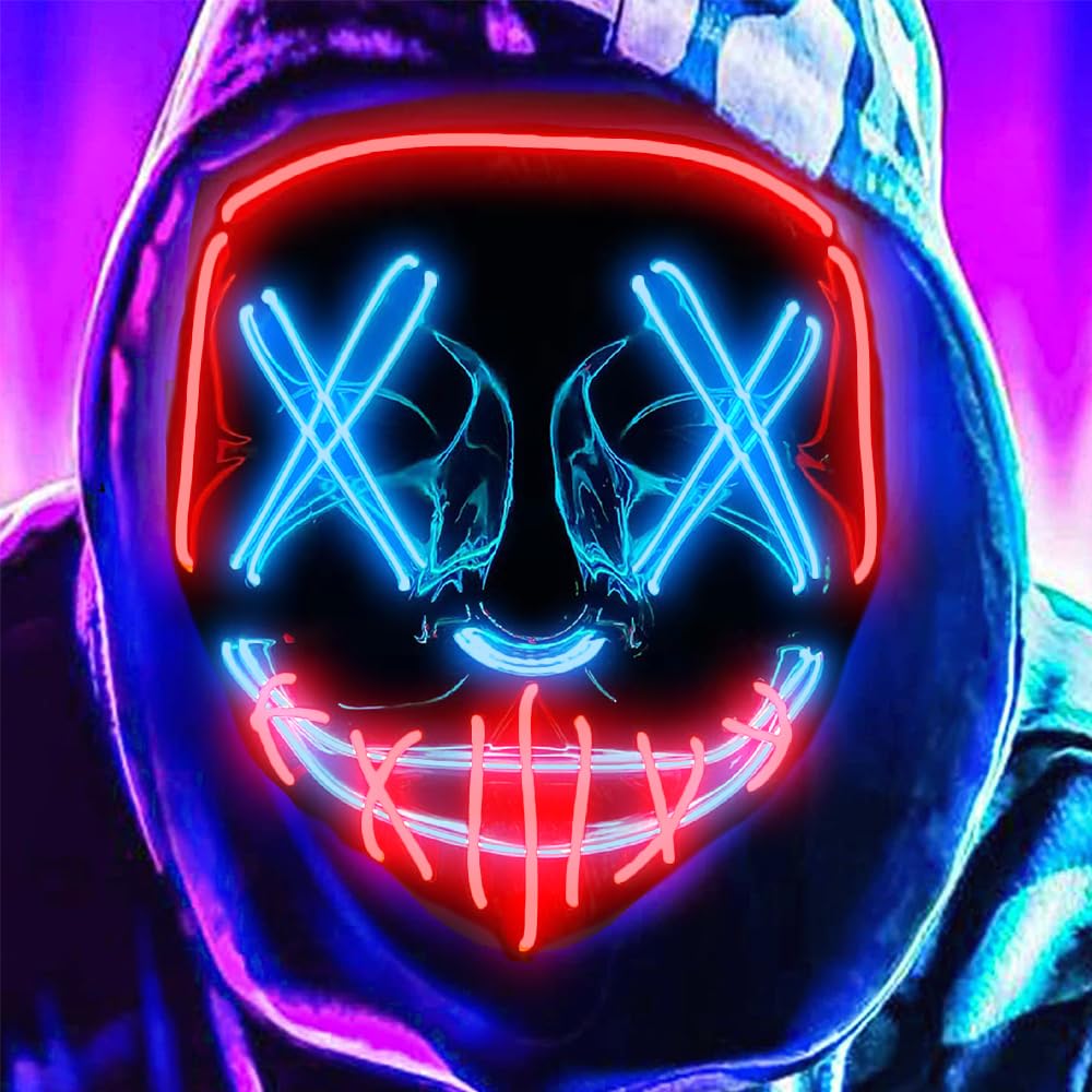 DWTECH LED Halloween Mask - Light Up Mask LED Masks EL Wire Scary Mask for Masquerade Cosplay Light Up Face Mask for Kids Men Women Halloween Festival Party (Ice Blue/Red) — image 1