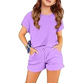APWEQATA Girls Two Piece Sets Short Sleeve Tshirts and Drawstring Shorts With Pockets Summer Outfits Size 6-14