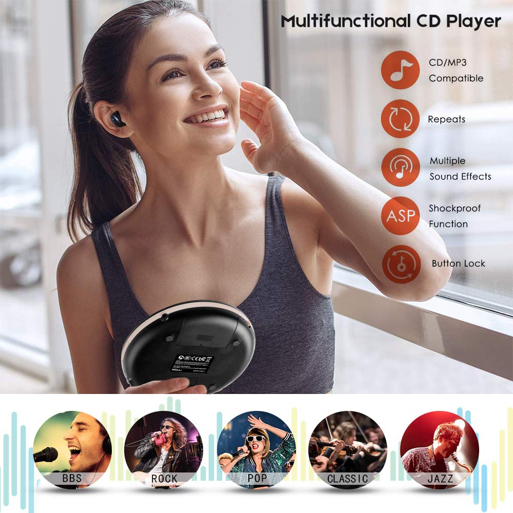 HOTT CD611 CD Player Portable Anti-Shock Personal Portable CD Player with Headphones USB AUX Output for Car Travel Home - Black