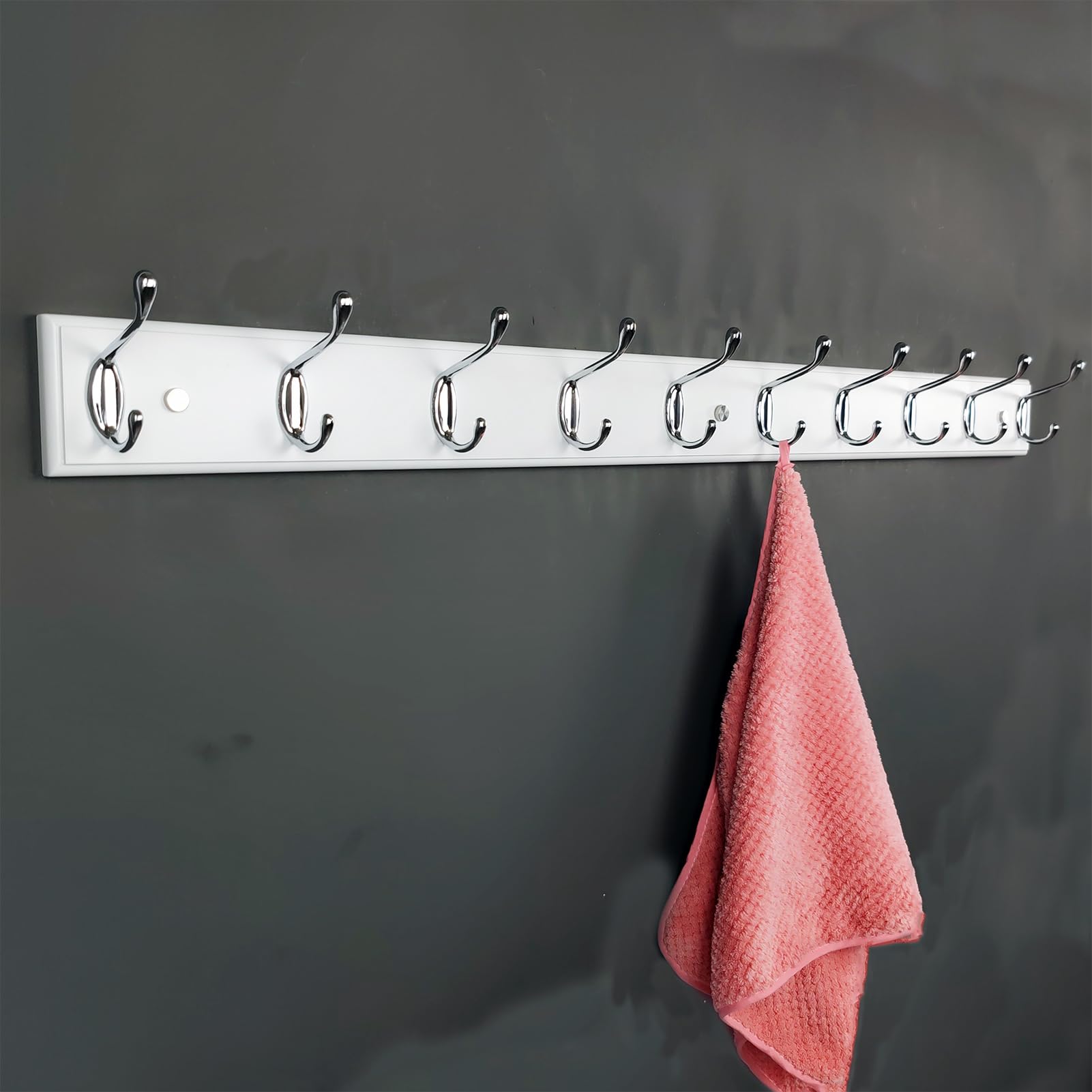 lomejii Long Wooden wall Mounted Coat Rack Wood White 10 Hooks, 95 cm, Sturdy Silver Coat Hook Rack for Clothes, Hats, Bags, Large Modern Wood Coat Rack for Entrance Hallway Bedroom.