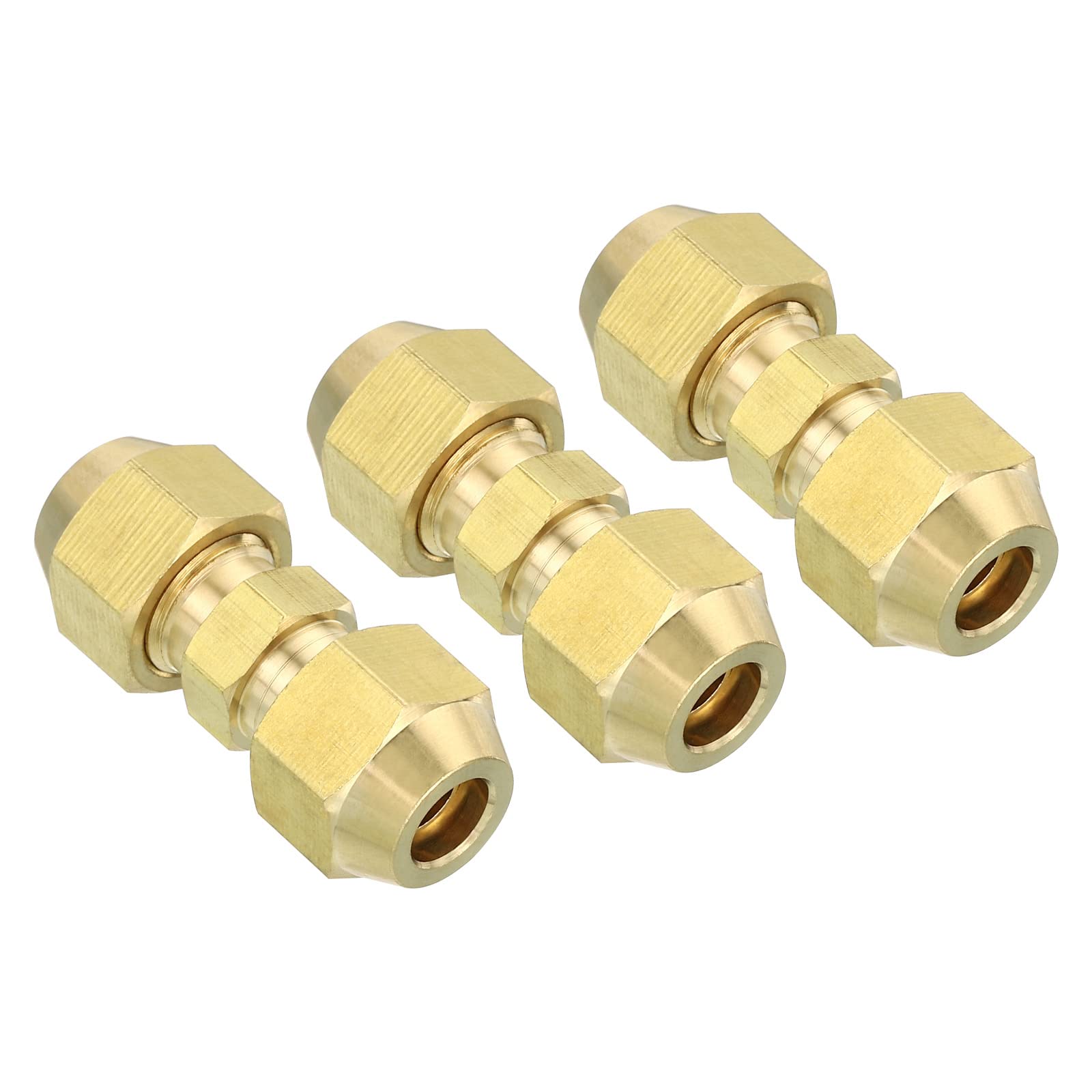 PATIKIL 1/4" OD Brass Flare Union Connector, 3 Set Air Conditioning Copper Double Pipe Extension Joint Connectors Pipe Hose Fitting with Nut, 1.22 x 0.43inch