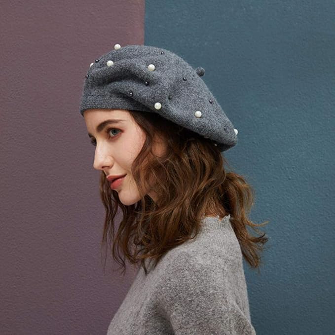 NAHUIYI Hat Women Berets Pearl Decoration Hat Female Hair Knitted Caps
