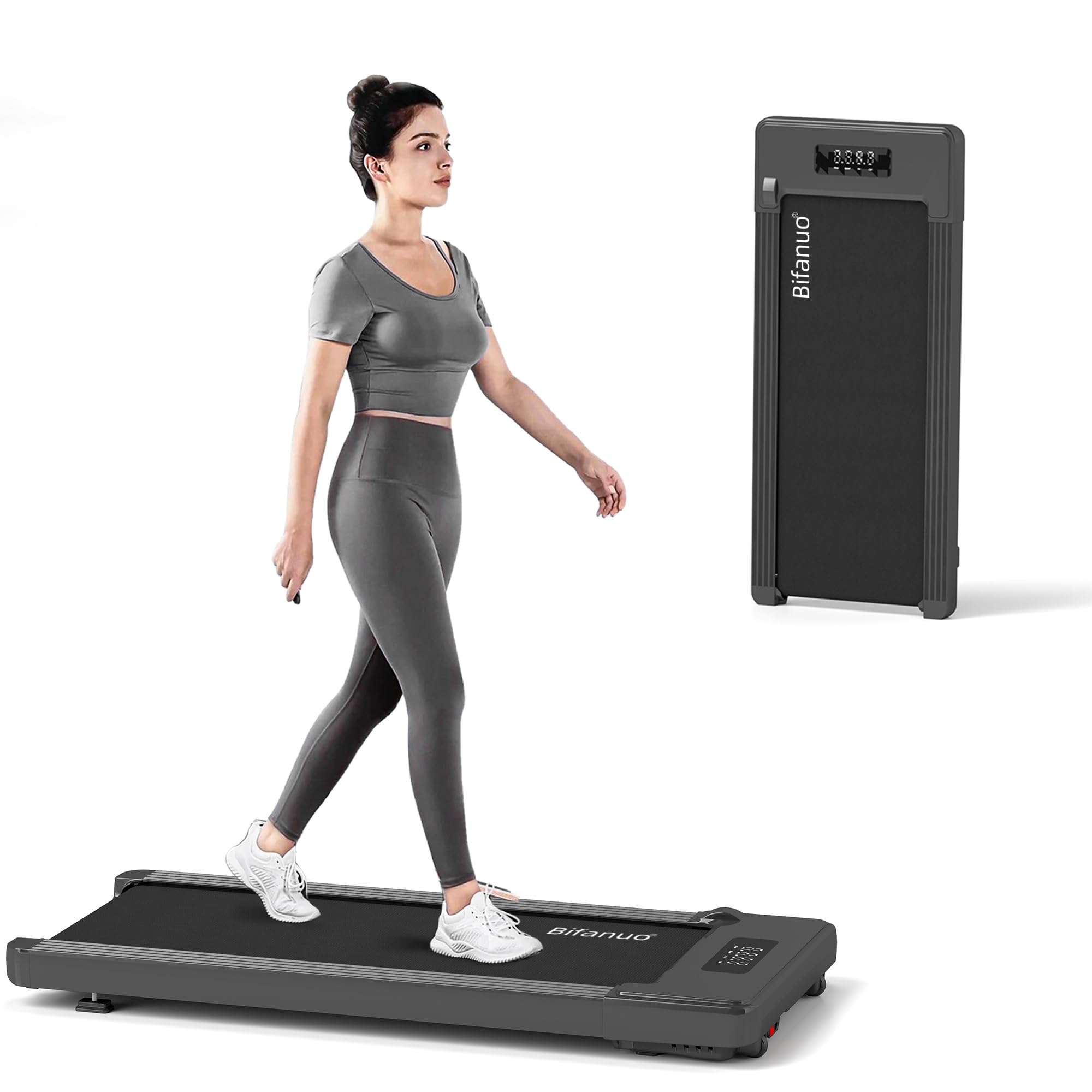 Photo 1 of **CHIP DAMAGE. DIRT**Bifanuo Walking Pad - Under Desk Treadmill for Home/Office, Portable with Remote Control LED Display - Ideal for Fitness Enthusiasts (TM008 Deep Black)