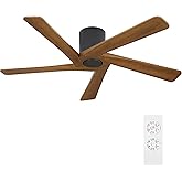 WINGBO 54 Inch Flush Mount DC Ceiling Fan without Lights, 5 Reversible Carved Wood Blades, 6-Speed Noiseless DC Motor, Hugger Ceiling Fan No Lights in Matte Black Finish with Walnut Blades, ETL Listed