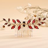 Teyglen Crystal Wedding Hair Comb with Red Rhinestones - Dainty Side Comb for Brides in Black, Blue, Green, and Wine Red
