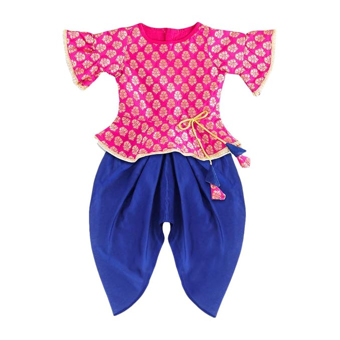 The Magic Wand Girls Jacquard Peplum Tassel & Lace Top with Dhoti in Fuchsia Color