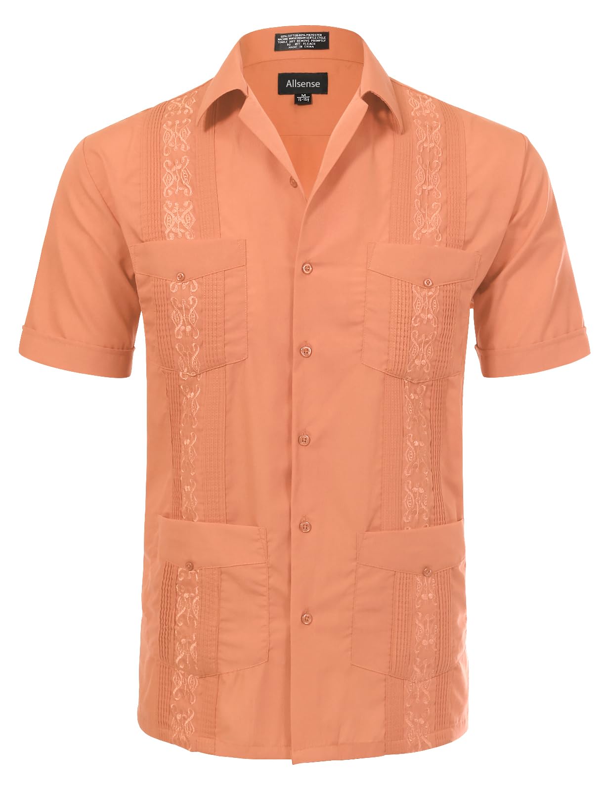 Allsense Men's Short-Sleeve Button-Down Cuban Guayabera Shirt, Peach Pink, 2X-Large Image