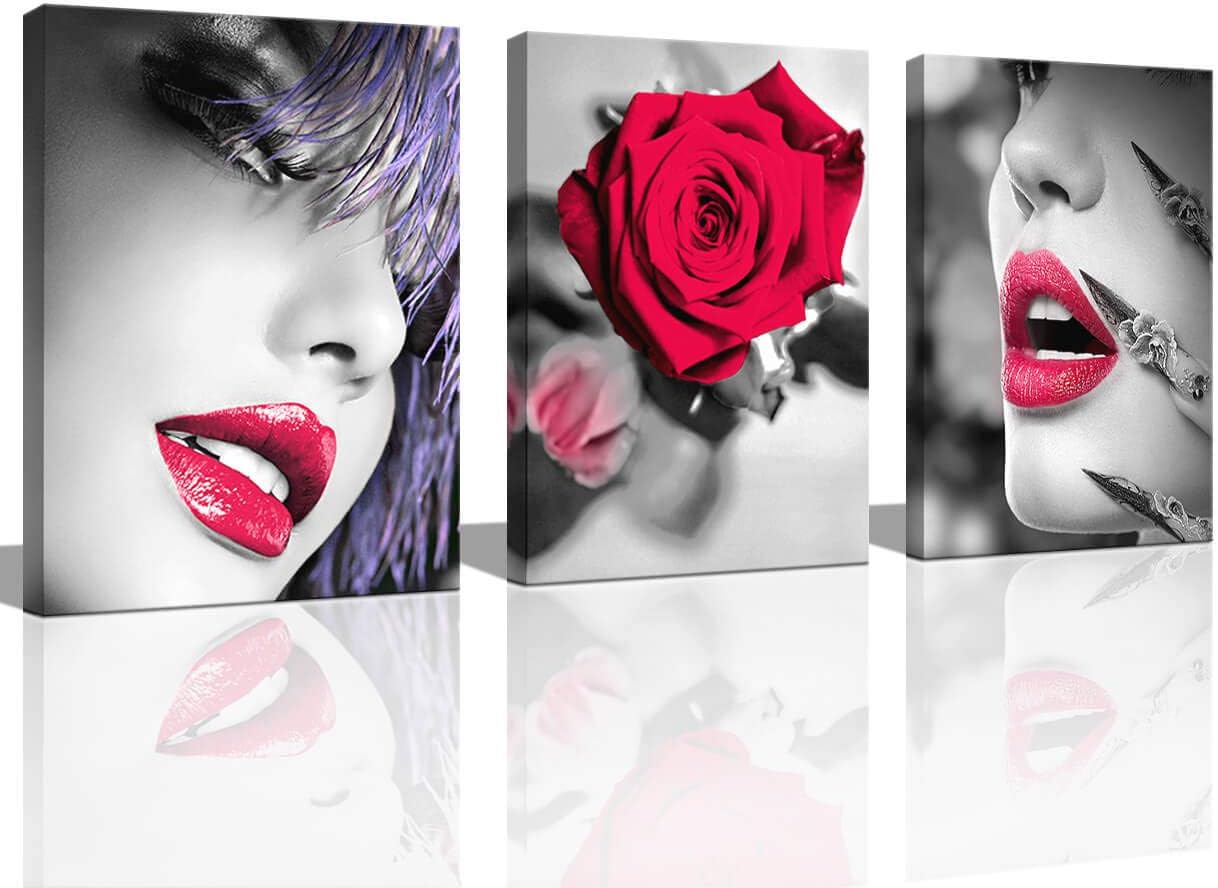Bedroom Wall Art Wall Pictures for Living Black Red Rose Room Decor for Women Sexy Posters Red Room Decor Lips Pretty Woman Bedroom Wall Art Bathroom Decor Red Bedroom Decor Rose 12x16 inches3 Panels