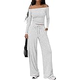 Trendy Queen 2 Piece Off Shoulder Set Womens Wide Leg Pants Side Ruching Slightly Crop Top Sets