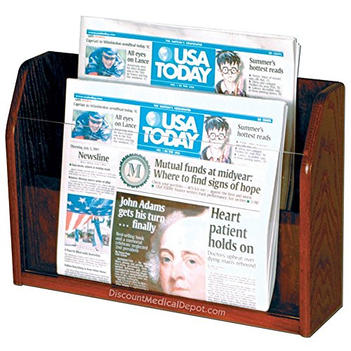 DMD Newspaper Display Rack, Counter or Table Top, 2 Pocket, Oak Wood, Mahogany Finish