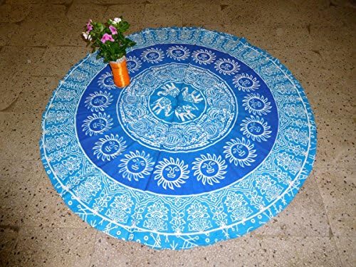 Mandala Mat Beach Towel Elehant Sun Green Mandala Round Table Cover Beach Throw Tapestry Hippie Gypsy Tablecloth Round Yoga Mat, 50 Inch 100% Pure Cotton Screen Print Yoga Mat By "Gemsandcraft"