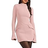 OFEEFAN Women's Fall Long Sleeve Mock Neck Dress Basic Party Club Bodycon Mini Dresses