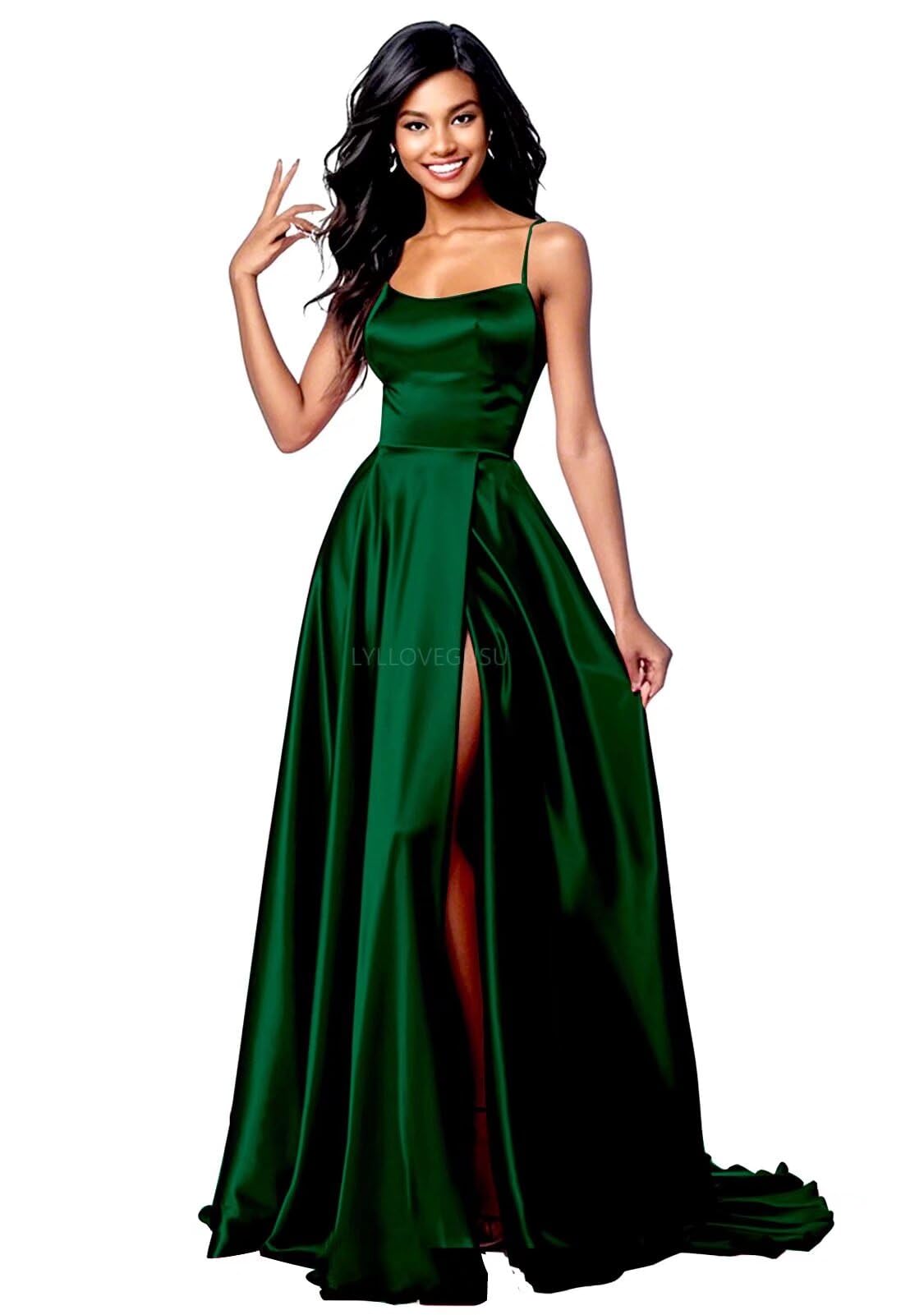 Photo 1 of LYLLOVEGUSU Spaghetti Strap Emerald Green Satin Bridesmaid Dresses for Wedding with Train High Split Prom Dresses Ball Gown US Size 4