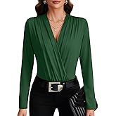 LYANER Women's Wraped V Neck Ruched Long Sleeve Leotard Bodysuit Top