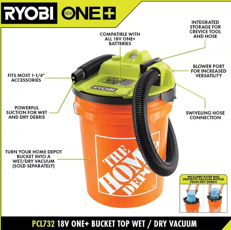 RYOBI ONE+ 18V Cordless 5 Gal. Wet/Dry Vacuum Kit with 1-1/4 in. photo 2