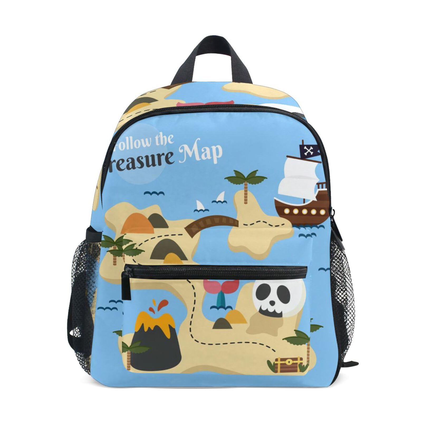 ISAOA Pirate Treasure Map with Skull and Boat Kids Backpack for Kindergarten Toddler Bag with Chest Clip,Nursery Backpack with Chest Clip Preschool