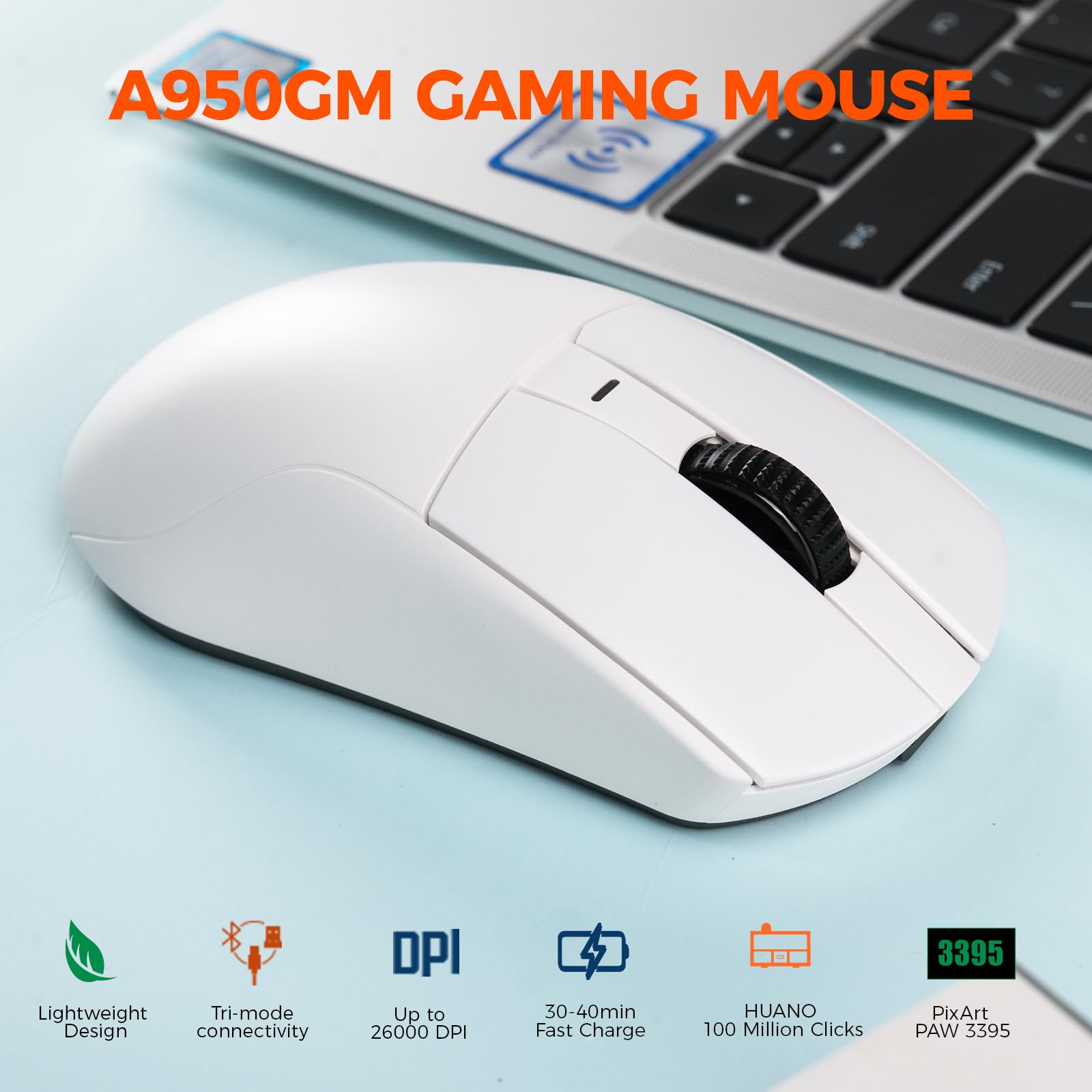 DAREU A950GM 60g Ultralight Gaming Mouse, PixArt PAW3395 Gaming Sensor, 100 Millionen HUANO Gaming Micro Switches, 26000 DPI, 30 Minuten Schnellladung, Tri-Mode Gaming-Maus für PC/Mac, Weiß 2