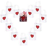 Glenmal 24 Pcs Valentines Day Clear Gift Bags with Handle Transparent PVC Plastic Red Heart Love Reusable Shopping Tote Wrap Bags for Valentines Weddings