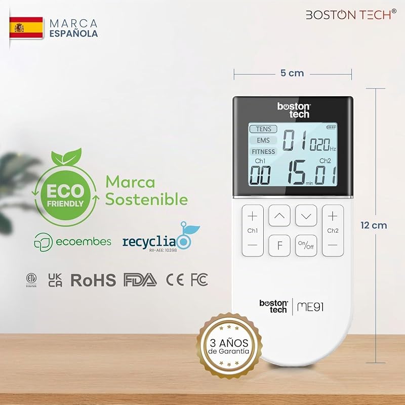 ® Estimulador Eletromuscular | 3 em 1: TENS + EMS + Fitness | Alívio eficaz da dor + Treino | 2 canais + 50 modos + 16 níveis de intensidade + inclui caixa + 4 eletrodos